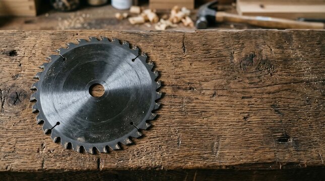 Circular saw blade on a wooden workbench with wood shavings