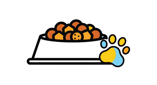 Colorful dog food bowl with a paw print next to it and tasty kibbles inside
