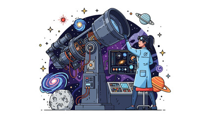 Stargazer and her Cosmos: A woman scientist with a passion for astronomy peers into a powerful telescope, surrounded by the celestial wonders of the universe. © hafs121