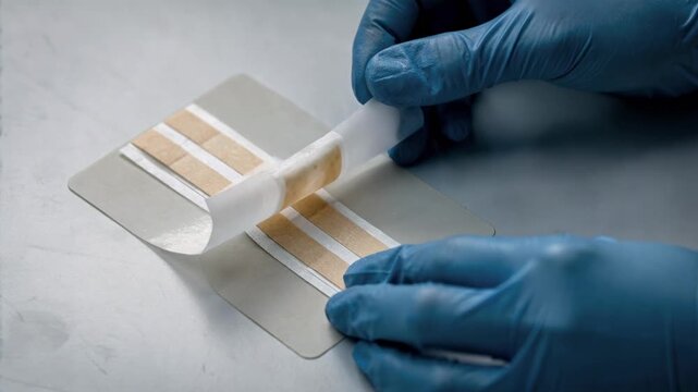 Medium shot of hands aligning membranes and pads during the lamination process of singleanalyte lateral flow test strips focusing on detail and precision assembly.