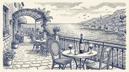 Fototapeta premium Sketch of an idyllic European seaside cafe terrace with tables set for drinks and a view of a charming coastal town.