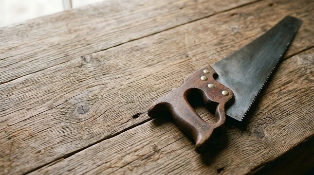 Vintage handsaw with wooden handle on rustic wooden table