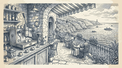 Fototapeta premium Vintage sketch of people enjoying coffee at a seaside cafe overlooking a coastal town and ocean with boats.
