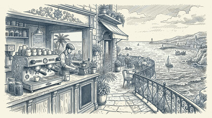 Fototapeta premium A detailed ink sketch depicts a skilled barista preparing coffee in a charming coastal cafe with a beautiful sea view terrace, perfect for travel and lifestyle concepts.
