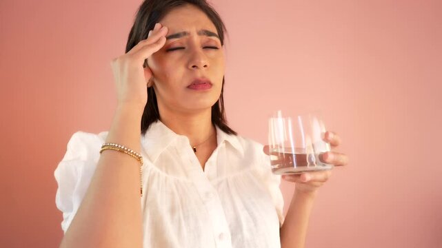Close up portrait of frustrated fatigue young Indian woman lady hold water glass feels head pain migraine, bad mental health suffering headache, isolated over light pink studio background.