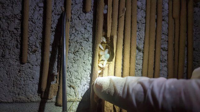 A termite mud tube inspection on a concrete block foundation wall.
