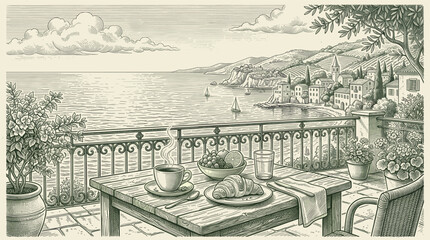 Fototapeta premium A charming terrace view overlooking a picturesque Mediterranean village with a table set for breakfast, featuring coffee, croissant, and fruit.