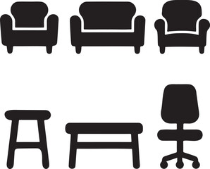 Fototapeta premium A collection of black silhouette furniture icons including various styles of chairs and tables Vector, illustration