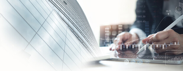 Finance analyst working on business analytics and data management system to make financial report with business performance, KPI dashboard.