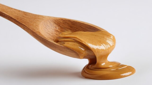 Creamy peanut butter dripping from a wooden spoon isolated on white background
