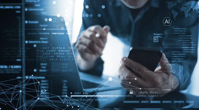 Data science and engineering, digital technology, futuristic tech background. Software engineer working with database and big data analytics, cloud computing with AI and data exchange