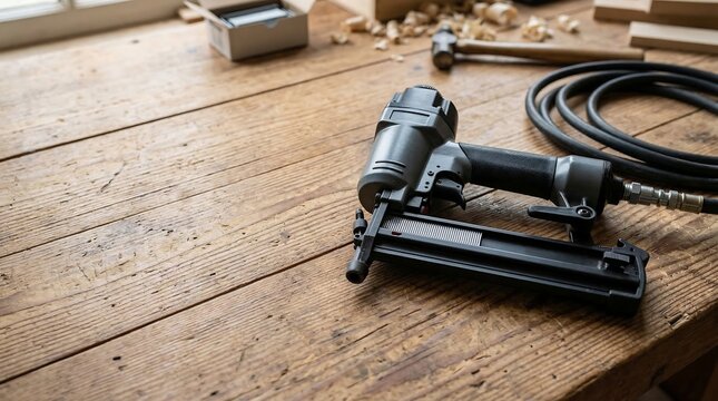 Pneumatic nail gun on a wooden workbench with tools and nails