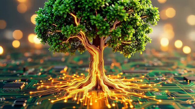 Tree with glowing roots on circuit board
