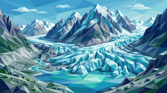 This stylized geometric artwork depicts a vast polygonal landscape of snow-capped mountains and a winding glacier flowing into a turquoise lake under a blue sky.