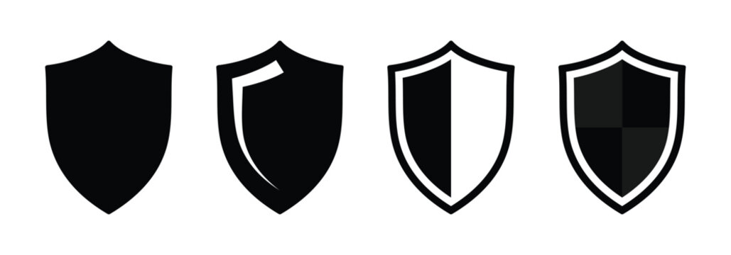 Shield guard icon set symbol with editable stroke in black and white shape. Security shield for antivirus software, data privacy, and safe browsing.