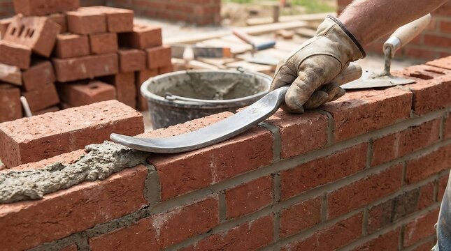 Construction worker building brick wall with trowel and mortar