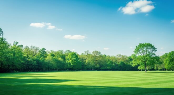 A serene landscape of a green field with trees under a blue sky with clouds on a sunny day outdoors