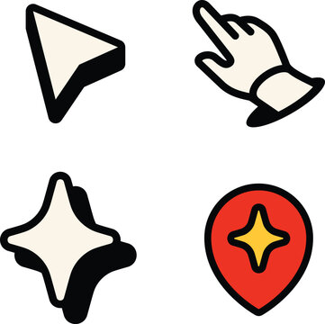 Tech modern artificial intelligence interface icon set.Cursor arrow, hand click, sparkle star and location pin symbols. App UI Illustration, navigation, smart search, digital branding, SaaS platform