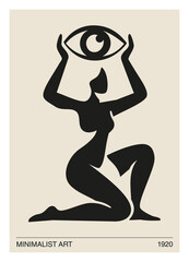 Minimalist Abstract Woman Holding Eye Symbol, Modern Mystical Silhouette Illustration © C Design Studio