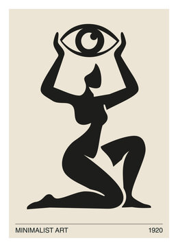 Minimalist Abstract Woman Holding Eye Symbol, Modern Mystical Silhouette Illustration