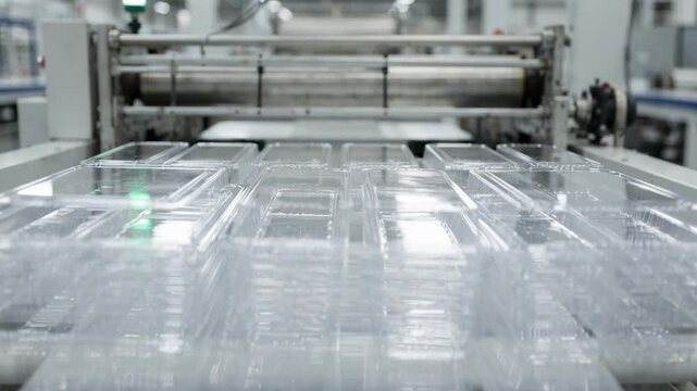 Plastic clamshell sheets exiting the thermoforming line showcasing the stacking process before being formed into secure packaging emphasizing industrial efficiency and material