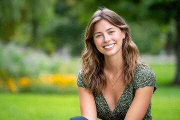 Naklejka premium Young woman smiling outdoors enjoying nature