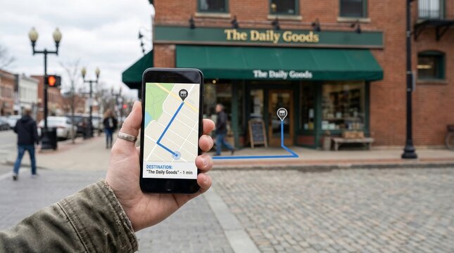 Man using smartphone for gps navigation to local shop. Augmented reality map showing walking route to retail store. Geo-ads technology, location services, and mobile shopping concept.