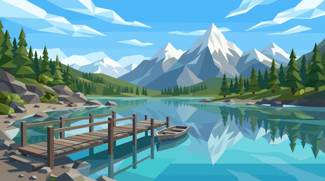 A serene low poly illustration depicts a wooden dock with a small boat on a clear blue lake, framed by pine trees and snow-capped mountains under a bright sky.