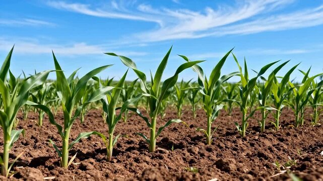 Young corn plants in a field