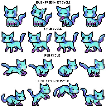 This illustration includes complete animation cycles such as idle/sit, running loop, and jump/pounce sequences, this asset is perfect for 2D games, indie game development, mobile apps, and retro-style