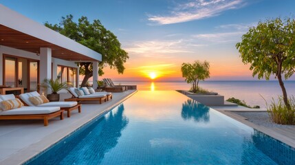 Fototapeta premium Luxury villa infinity pool overlooking ocean during vibrant sunset