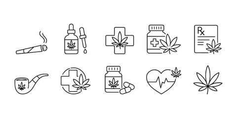 Fototapeta premium Cannabis medical icons set with marijuana leaf, joint, pipe, and Rx prescription