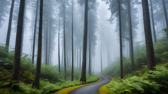 A winding path through a misty forest with tall trees and a blueish-gray sky.