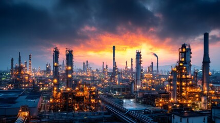 Fototapeta premium Oil refinery generating energy and fuel during sunset