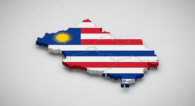 A three-dimensional map outline of Malaysia, intricately textured with the national flag, prominently featuring its stripes, crescent, and star design.