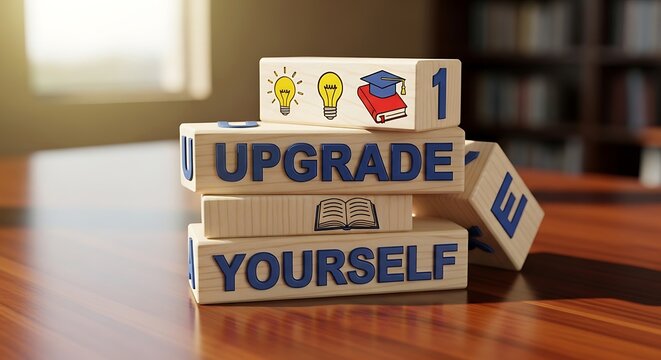 Path to self-improvement Wooden blocks spelling 'UPGRADE YOURSELF' with educational icons, representing continuous learning and personal growth for a brighter future