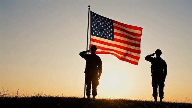 Soldiers saluting American flag at sunset