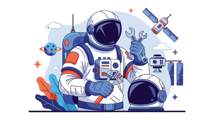 Astronaut's Spacetime Workshop: An astronaut, equipped with a wrench, tends to satellites in a cosmos of discovery. Capturing the spirit of space exploration and technological ingenuity. © hafs121