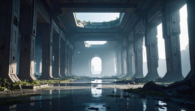 Abandoned futuristic corridor with flooded floor reflecting columns and sky showing decay and overgrown plants for dystopian sci-fi concepts