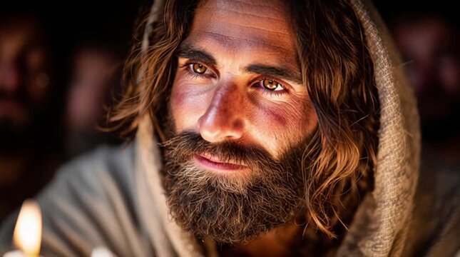 Jesus Christ at a table with burning candles surrounded by the apostles at the Last Supper.
