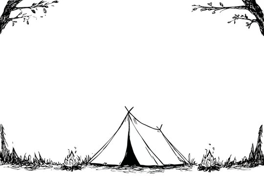 Minimalist black and white tent illustration with trees in nature setting