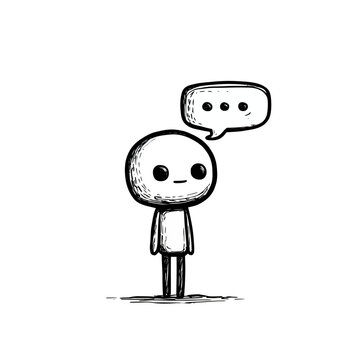 Cute black and white cartoon character with speech bubble