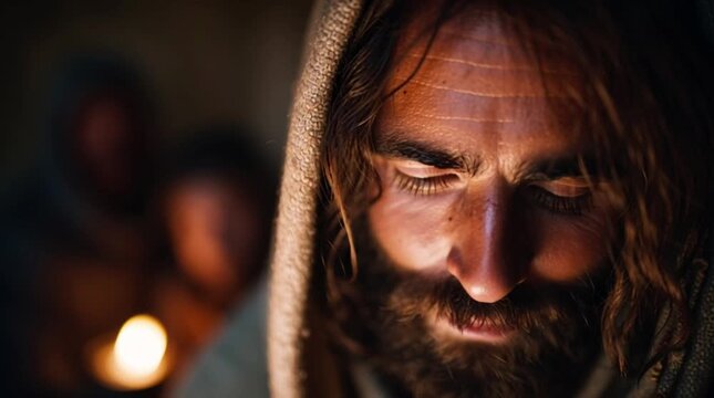 Jesus Christ at a table with burning candles surrounded by the apostles at the Last Supper.