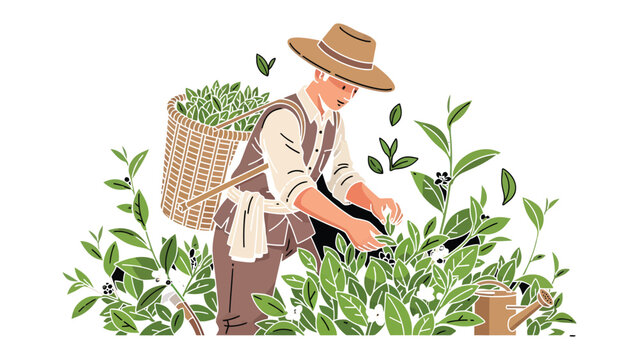 Tea Leaf Picker at Work: A tea leaf picker delicately harvests lush green tea leaves amidst a vibrant tea plantation. His dedication and skill are captured.