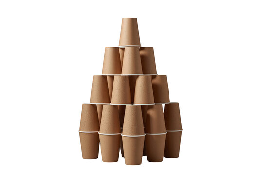 Brown disposable paper cups forming a stacked pyramid, sustainable coffee packaging, eco-friendly beverage concept on transparent background