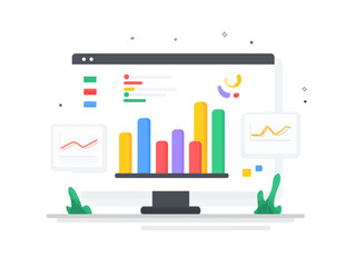 Obraz premium Colorful data analysis dashboard with bar charts and graphs on computer screen