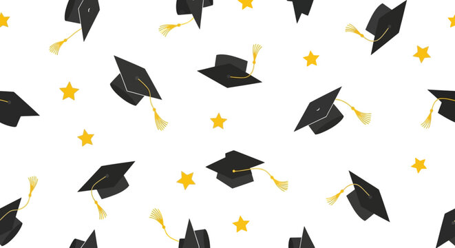 Seamless Graduation Pattern with Black Mortarboards and Golden Stars on White Background - Academic Success and Education Concept Vector Illustration