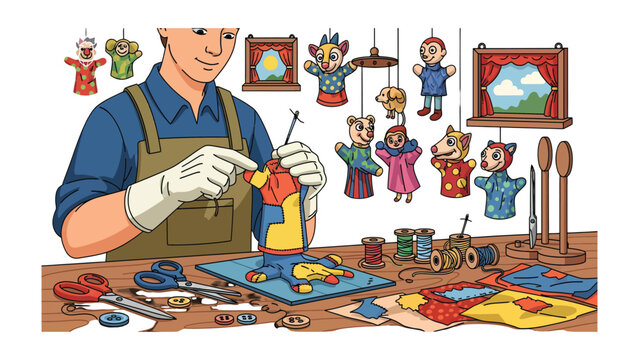 Crafting Tales: An artisan carefully crafts a marionette puppet. The image captures the meticulous work and creative essence of the craft, revealing the artist's dedication.