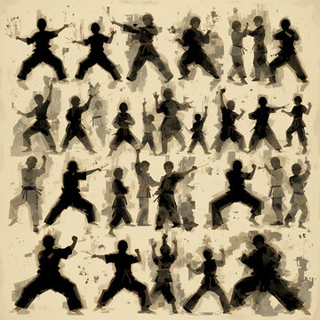 A large set of silhouettes of children of girls and boys practicing karate in different stances during the strike and blocks