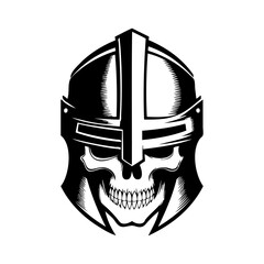 Logo casco de guerrero medieval con esqueleto. Icono para Halloween con casco de caballero medieval con calavera humana  © teracreonte